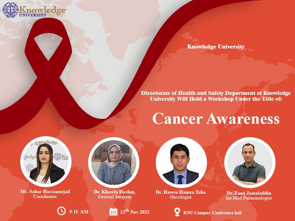 Directorate of the health and safety department- knowledge University will hold a workshop under the title of (Cancer Awareness)