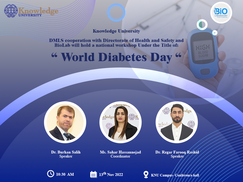 (DMLS) cooperation with the Directorate of Health and Safety of Knowledge University and the Directorate of Biological Laboratories of the University, will hold a national workshop entitled  (World Diabetes Day) 