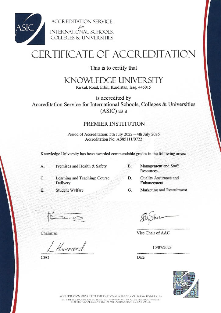 Knowledge University ASIC international accreditation certificate