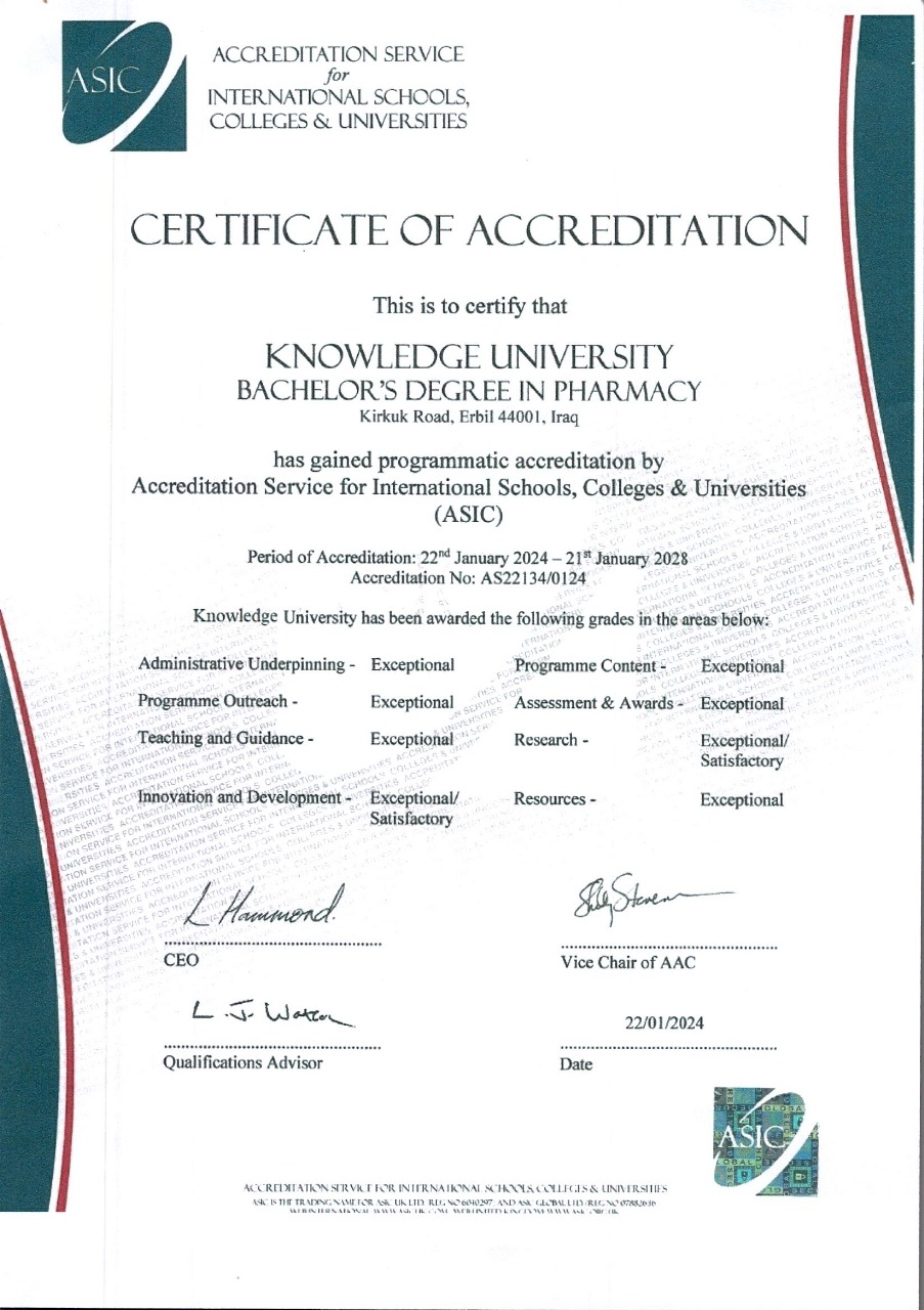 ASIC accreditation certificate for the Department of Medical Laboratory Science